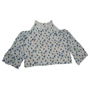 Love Sadie Floral Cold Shoulder Blouse White W/ Blue Flowers Large 3/4 Sleeves